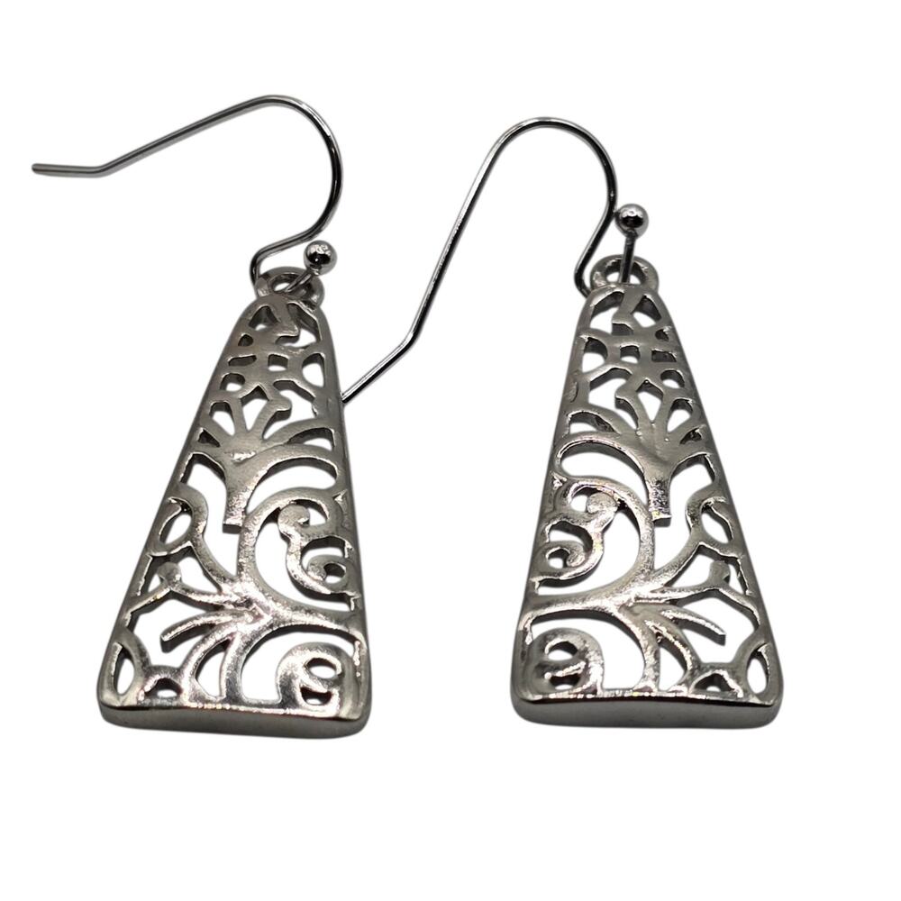 Earrings Filigree Open Work Triangular Shaped Silver Tone Dangle Pierced SKU3371
